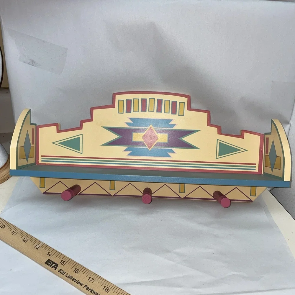 Southwestern Boho Chic Aztec 3 Peg Coat Rack Display Shelf Decor